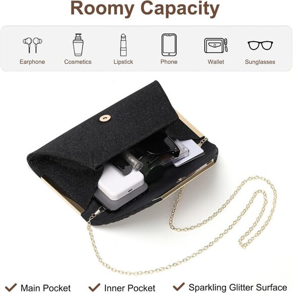 🆕Women Black Polyester Evening Bag Clutch Purse Handbag Crossbody Wedding Party - Picture 3 of 7